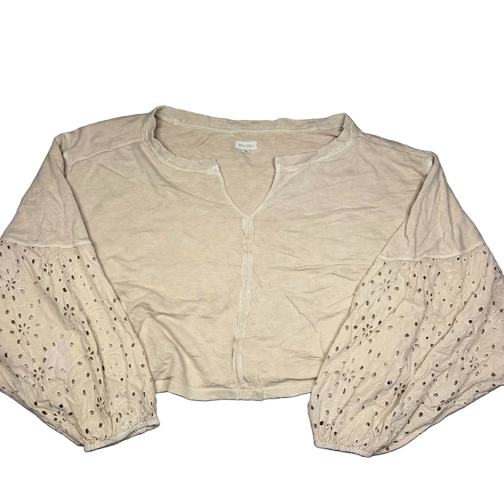 Pilcro Anthropologie Beige Batwing Boho Eyelet Cropped Sweatshirt Top Size XL P